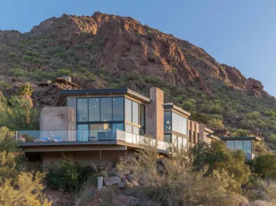 Photo of Sanctuary hotel, big glass windows, deck, in front of camelback mountain