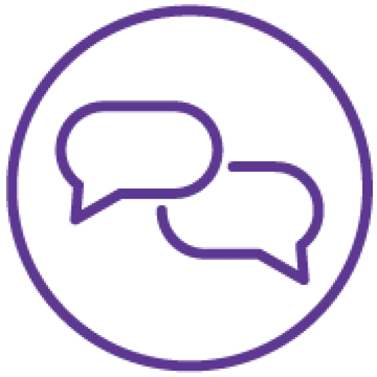 purple icon of two speech bubbles within a circle 