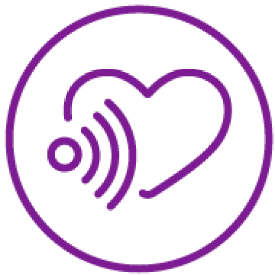 purple icon of a heart intersected by a audio wave within a circle